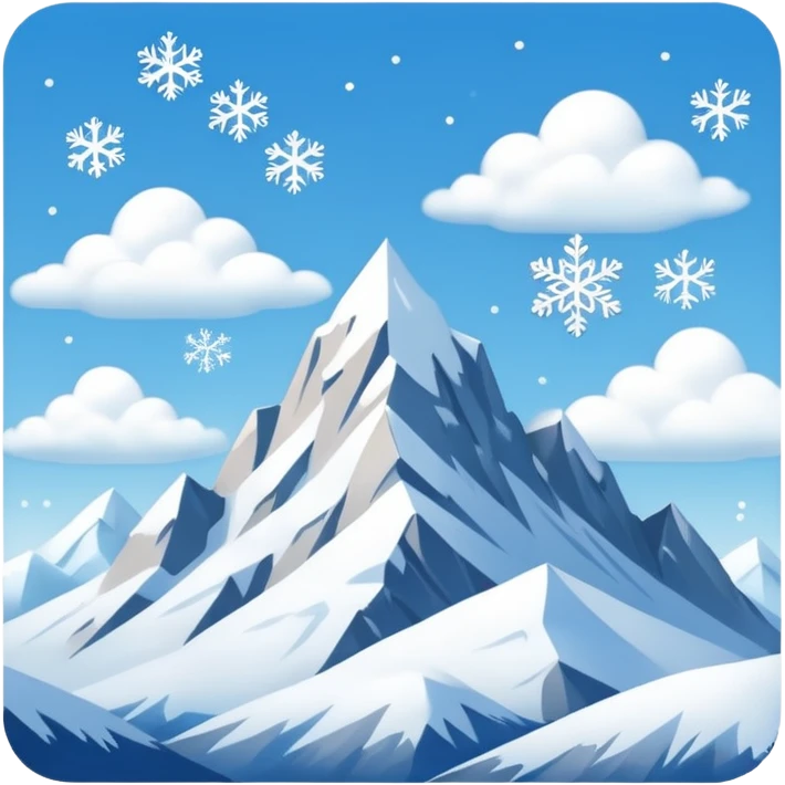 Create an emoji featuring snowy mountain peaks under a clear blue sky. Add a few snowflakes falling and soft white clouds. Use cool tones like white, light blue, and gray for a crisp, wintery aesthetic emoji