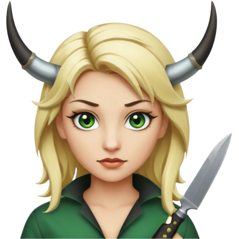 Emoji femme blonde cheveux blond, yeux vert avec de long cils noir qui a des cornes et tiens un couteau  emoji