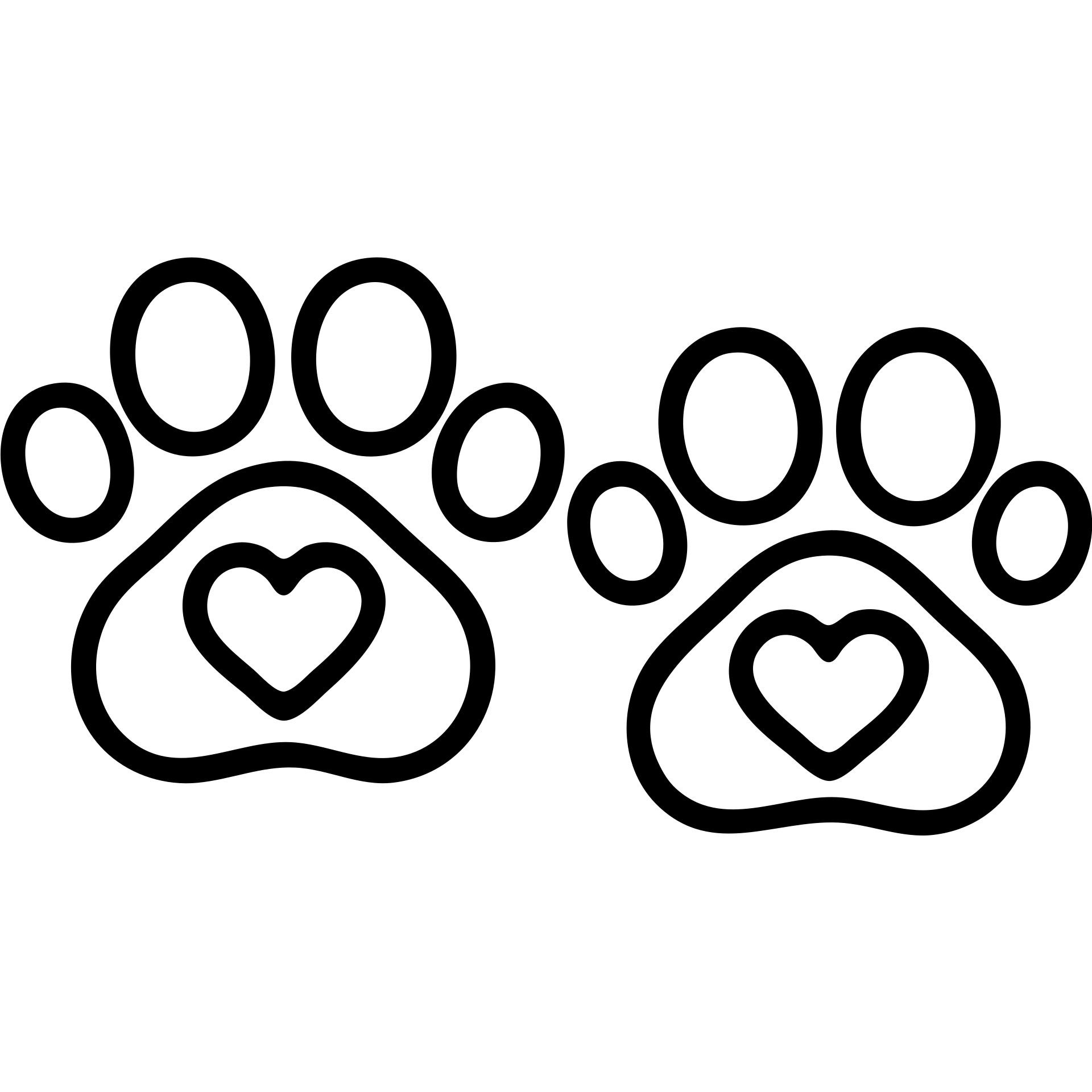 two black outlined puppy paws with a white heart on the pad emoji