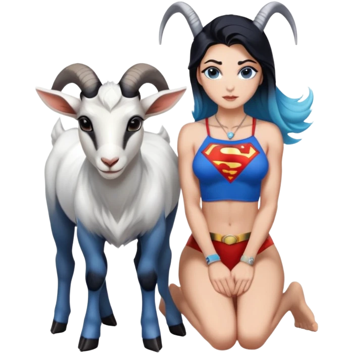 Art of a human white woman's sexy body scheme anatomy-very long straight black to blue hair ombre-small goat horns-lean back-on knees-superman necklace emoji