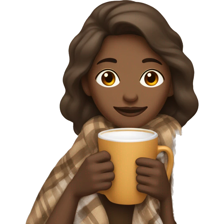 a woman covered with a cozy beige/brown plaid blanket drinking a cup of a warm drink/coffee/hot chocolate  emoji