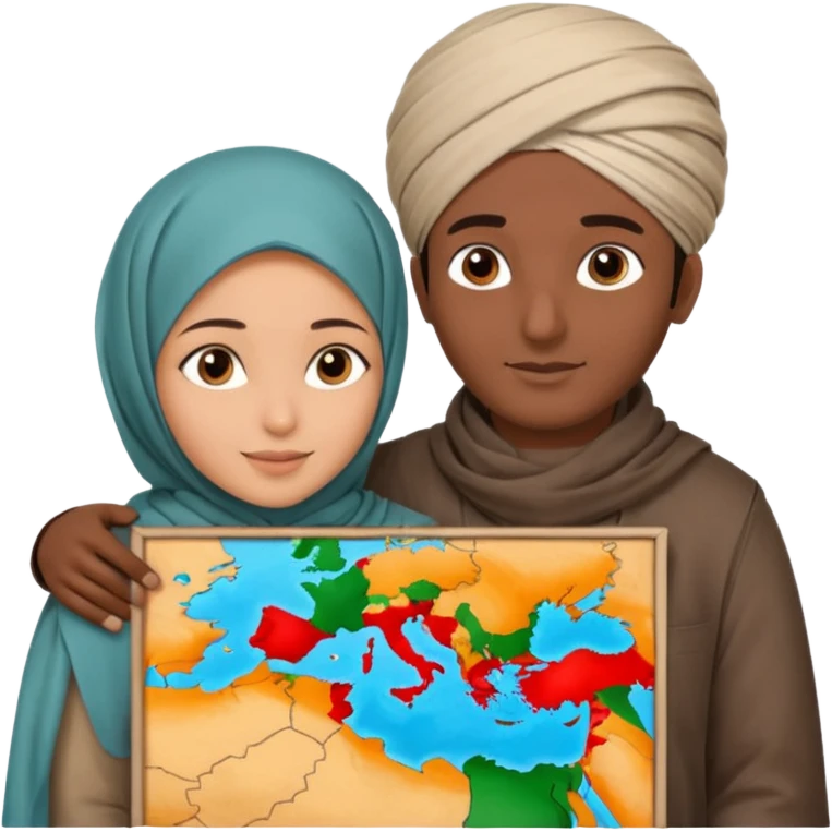 An emotional artistic illustration of an Indian man and an Afghan hijabi girl standing on the maps of India and Afghanistan, symbolically embracing each other  from in front side  despite the distance, showing love beyond borders. emoji