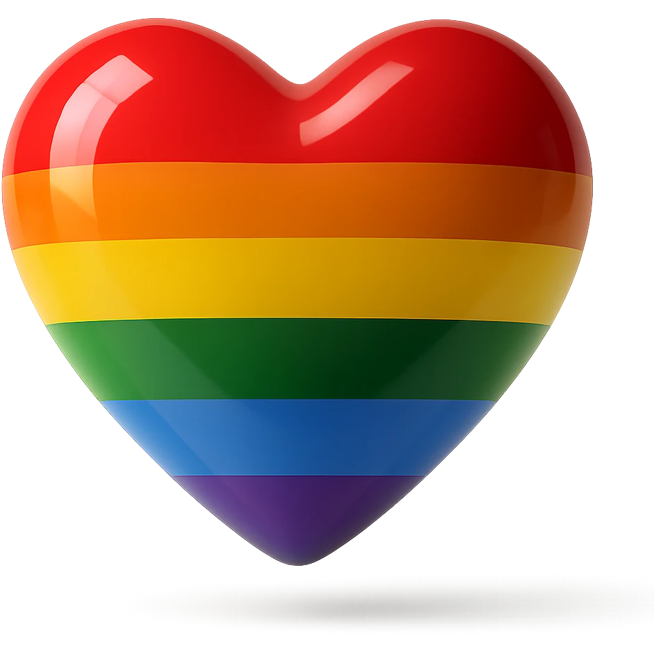 Make the realistic glossy pride heart appear 3D and floating with a subtle shadow below in a photorealistic style, no background. emoji