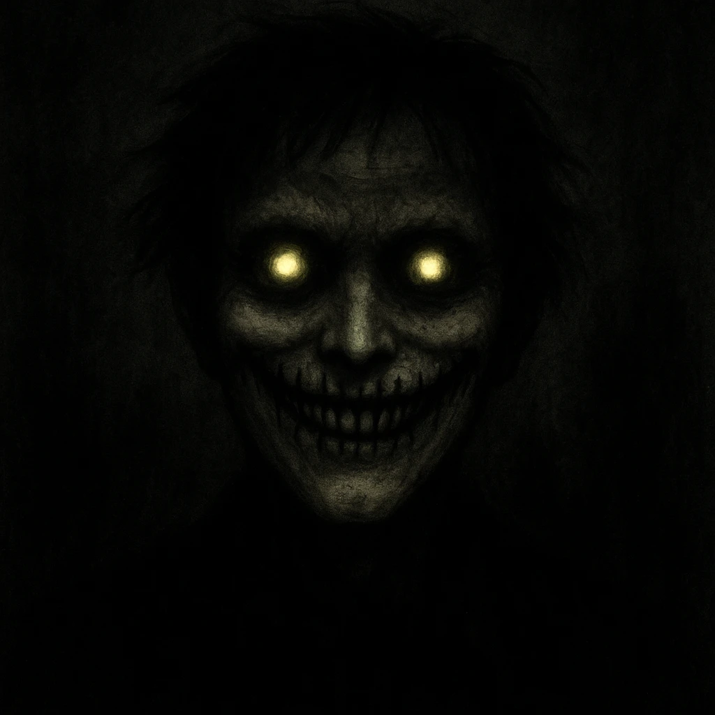 scary happy face, stitched mouth, glowing eyes, eerie expression, shadowy background, haunting and mysterious mood emoji