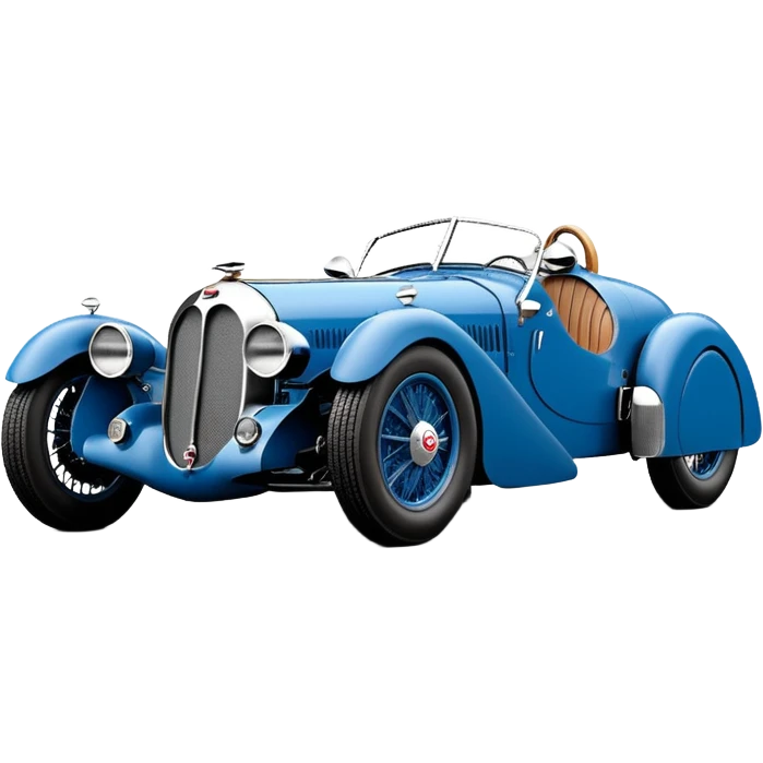  1936 luxury racing Bugatti lowered powerful 4 cylinder engined racing car featuring advanced rugged 4 wheel independent suspension, power steering, disc brakes and small leather covered steering wheel  emoji
