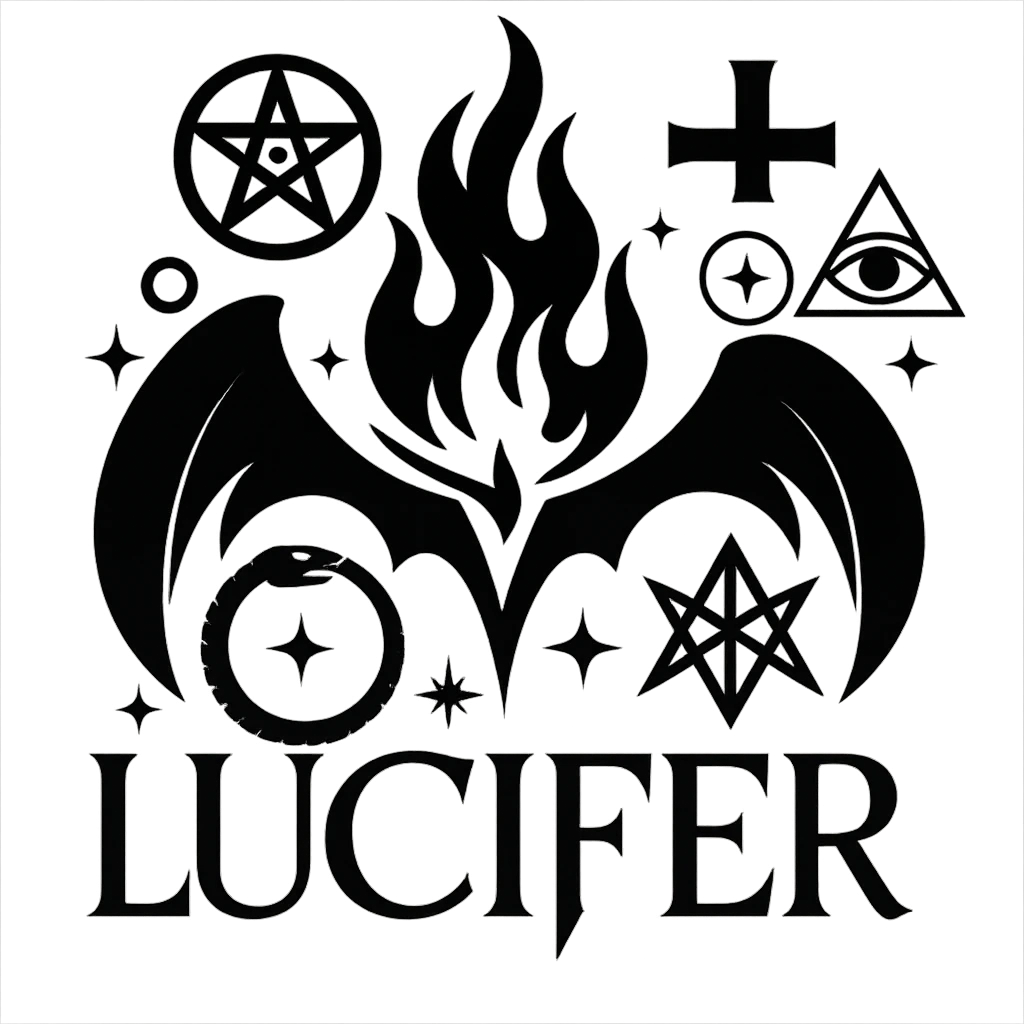 Add more occult symbols to Lucifer's emblem, keeping it dramatic, dark, and mystical, with a stylized flame or fallen angel motif. The emblem should have a transparent background. emoji