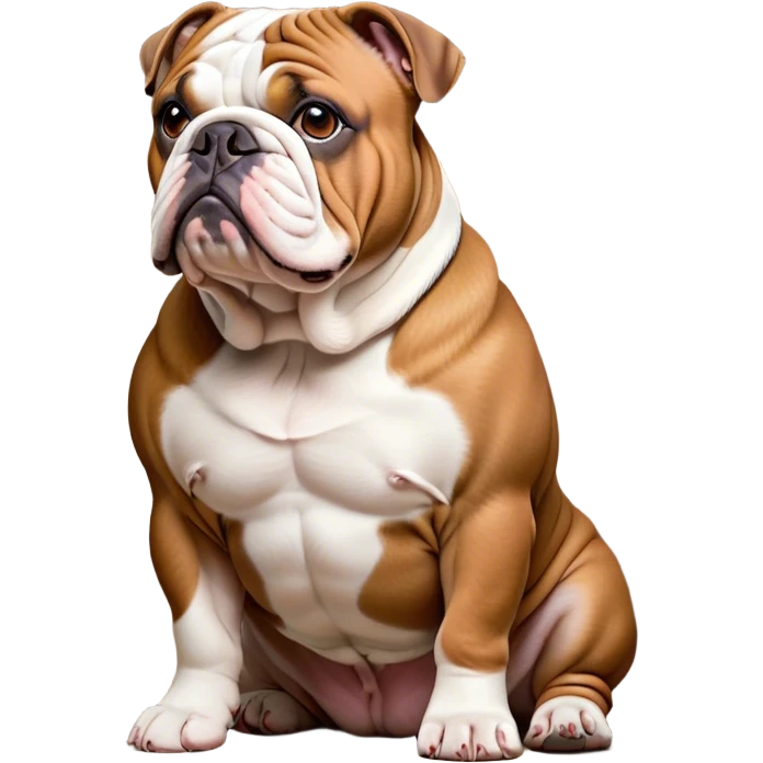 Cinematic Noble Brown and White English Bulldog Portrait Emoji, Poised and regal, with a robust, muscular build and a short, well-groomed coat of rich brown and white, deep-set soulful brown eyes, Simplified yet sharp and sophisticated features, highly detailed, glowing with a soft, dignified glow, high shine, intelligent and steadfast, stylized with an air of authority, focused and attentive, soft glowing outline, capturing the essence of a watchful and confident guardian, so majestic it feels as though it could lumber out of the screen with effortless authority! emoji