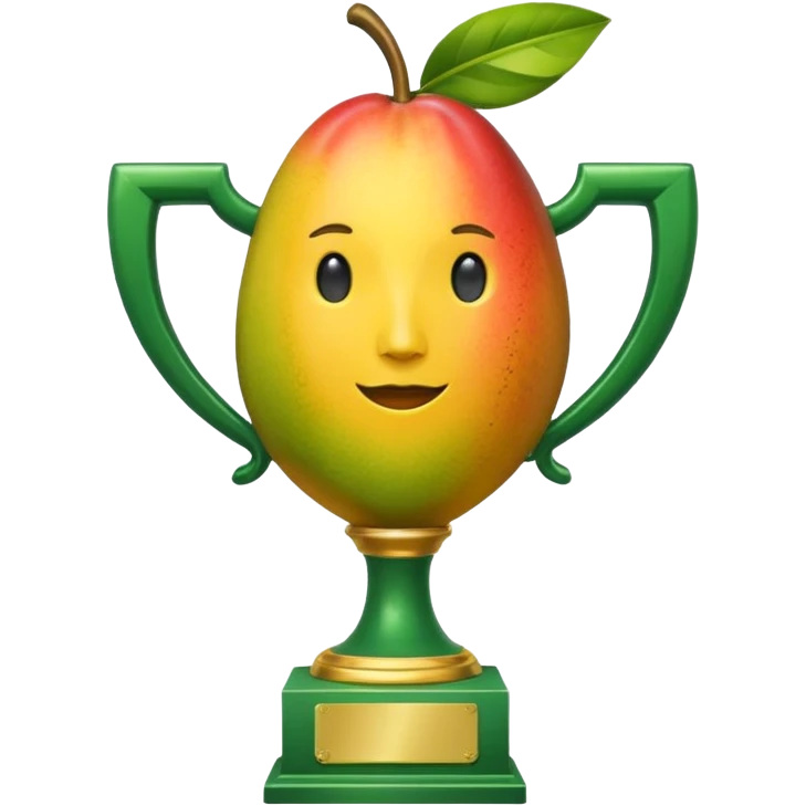 apple style emoji, trophy with a mango body, leaf on top, traditional trophy arms, no face emoji