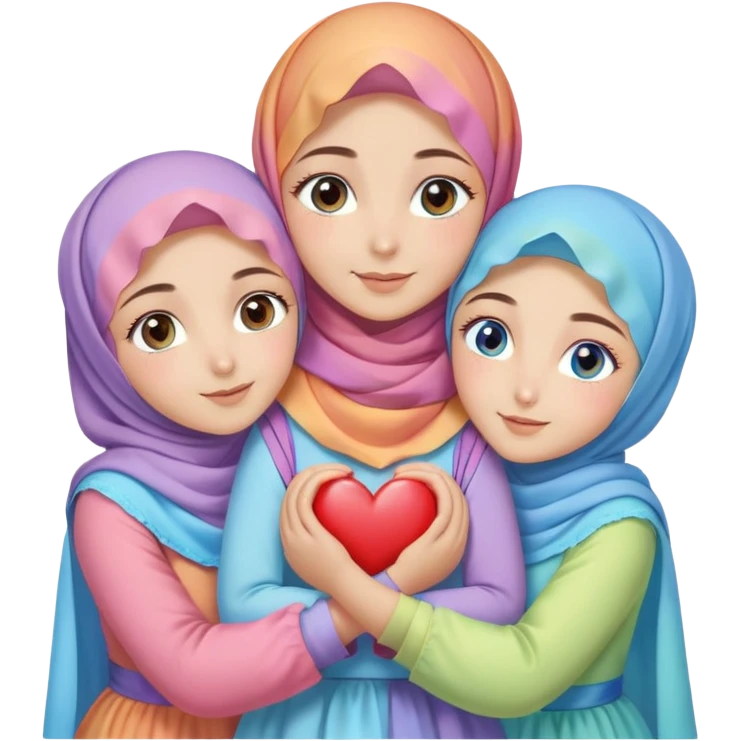 Four sister hugs Turkish girls beautiful finish Konya brown blue eyes with raimbow pastel hijab and heart dress and hugs  emoji