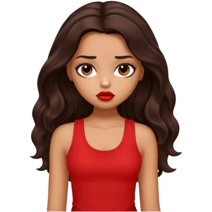 generate a pretty tan bratz girl with dark brown wavy hair long wearing a red tank top, red lipstick. Looking sad emoji