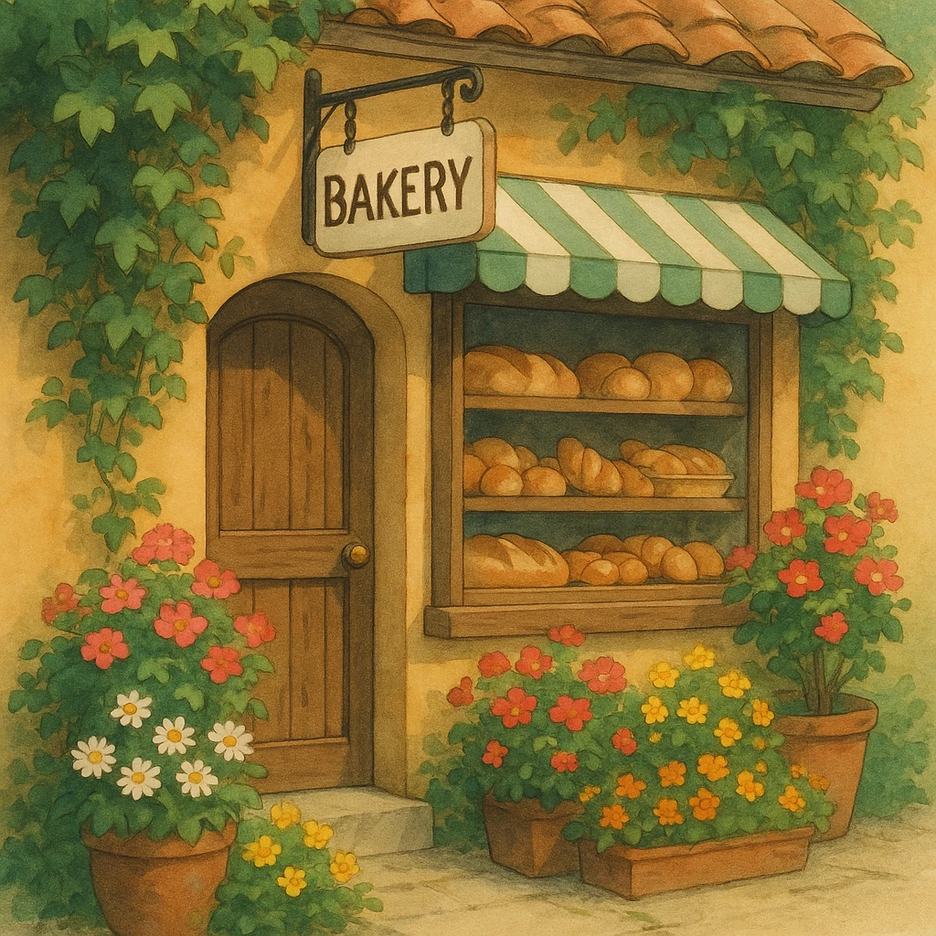 small bakery storefront with flowers, ghibli style emoji