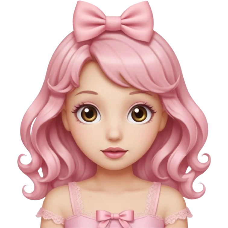 “Emoji girl, doe eyes, long fluttery lashes, soft pink blush, glossy rose lips, ribbon hair bow, romantic curls, wearing pastel pink lace top.” emoji