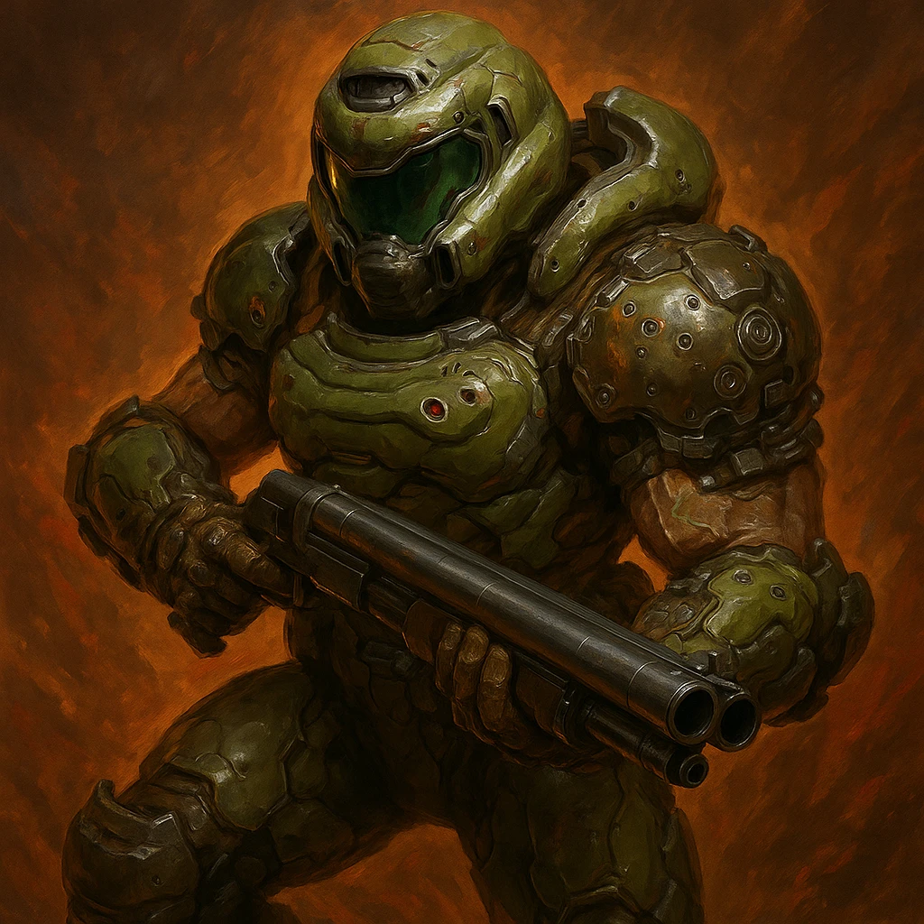 The Doomslayer, heavily armored space marine with a green helmet and suit, holding a shotgun, inspired by Doom Eternal, in a dynamic pose, detailed and intense emoji