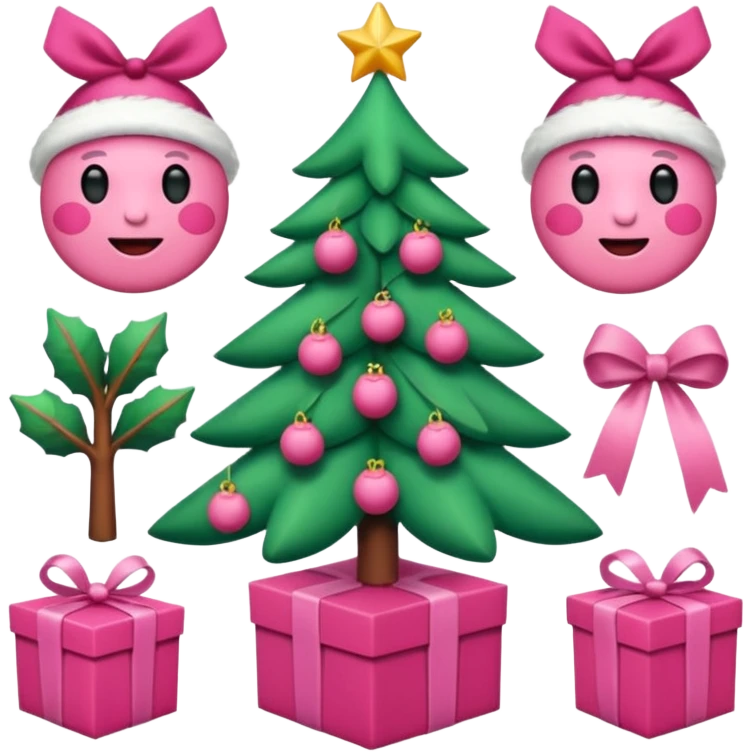 emojis estilo pixar de la cara de santa, arbolito rosa, reno, lazo coquet,bastones rosa, caja de regalo rosa, arbolito verde con bambalinas rosa emoji