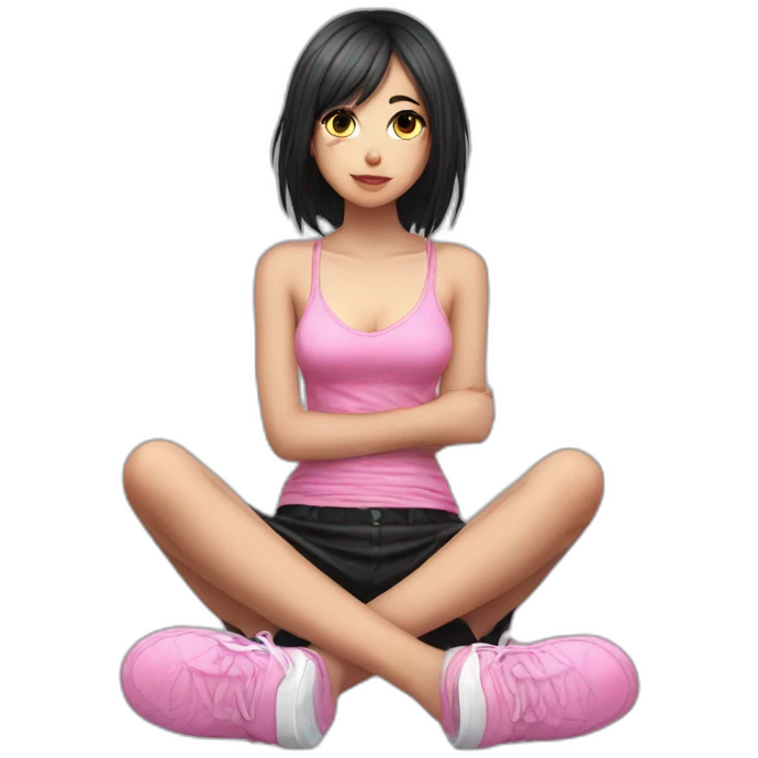 full body Front view emo girl sits on the floor black skirt pink knickers emoji