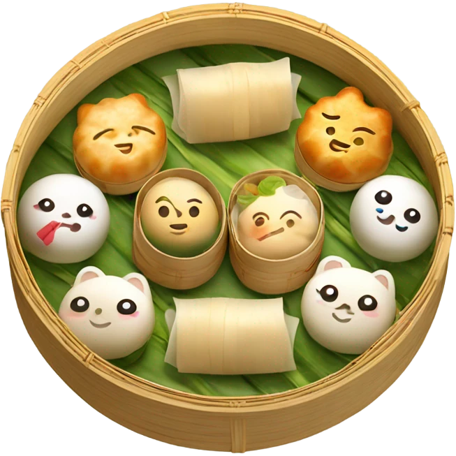 Assorted dim sum in a bamboo steamer emoji