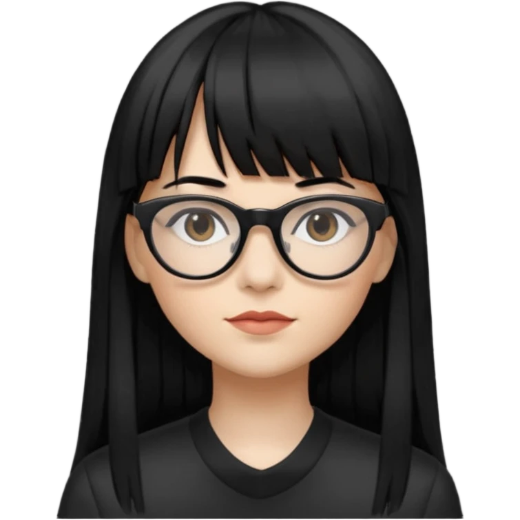 eu quero um icon de snapchat de uma mulher com o fundo da foto cor branco, cor da pele normal, óculos pretos, cabelo preto liso grande com franja emoji