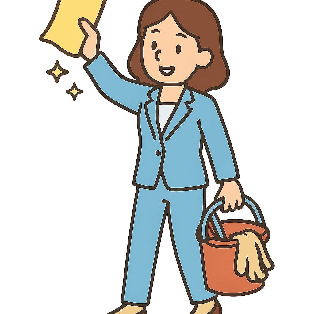flat toon style light-skinned woman in a light blue suit cleaning emoji