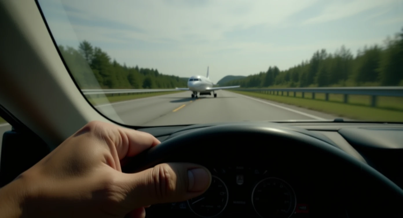 Realistic camshot pov car (hands holding car wheel) shot of a plane crash on highway emoji