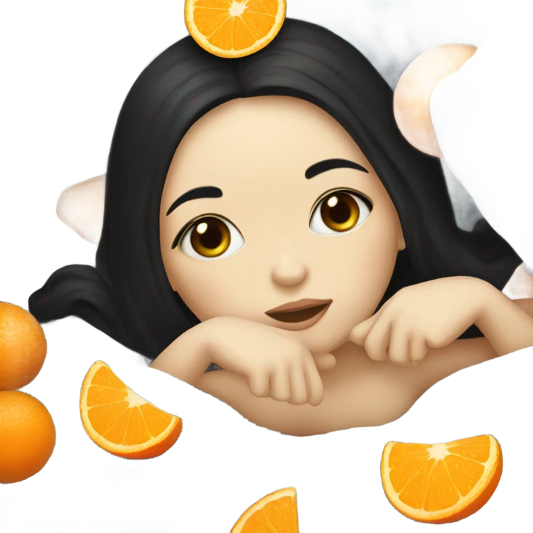 A girl, with black hair and white skin, lying under the blanket, eating tangerine emoji