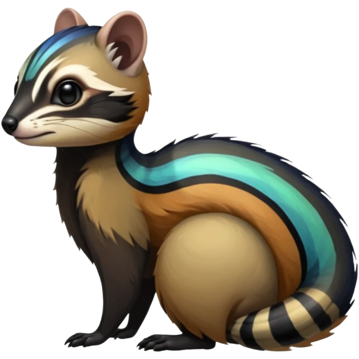 Colorful onyx-obsidian-pitch-black and iridescent Cacomistle-Numbat-Ferret-hybrid-fusion-animal-creature, full body  emoji