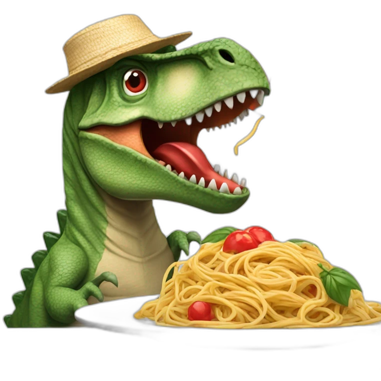 dinosaur with a red straw hat eating a plate of spaghetti with an italy flag planted on it emoji