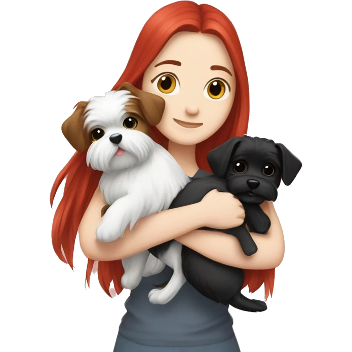 Long-red-haired-girl-hugging-her-black-and-white-Maltese-dogs emoji