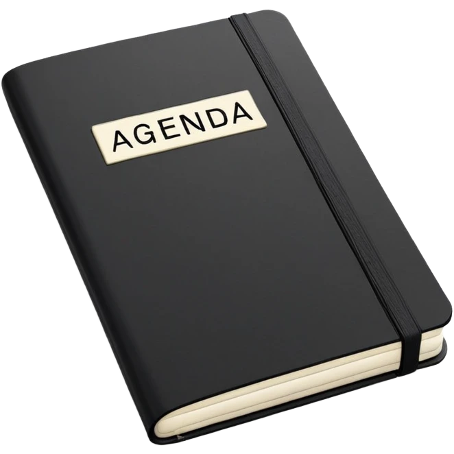 A professional-looking black Moleskine notebook opened flat showing a page with 'AGENDA' written at the top and a neat list of bullet points for meeting items emoji