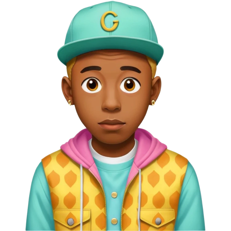 Tyler the Creator with his iconic look, wearing a colorful outfit emoji