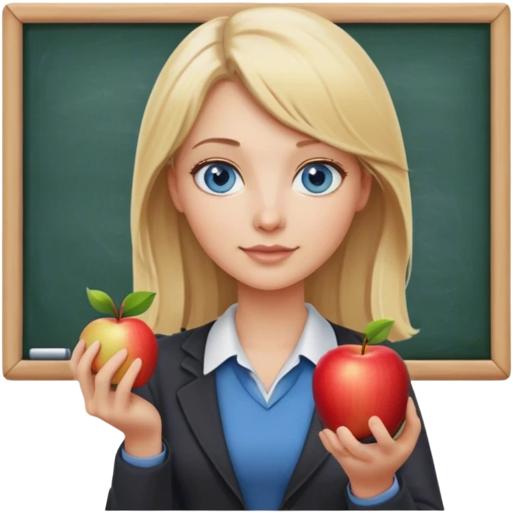 blonde hair blue eyes teacher female with apple and chalkboard emoji