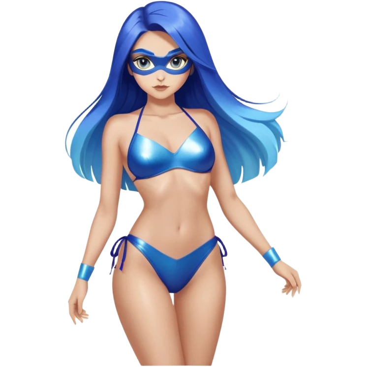 long legs-very very very large upper body-sexy face-sexy pose-very long very straight dark blue to light blue hair ombre-and-blue eyes-black eyeliner-thick long eyelashes-iridescent tiny bikini with 🦸‍♂️  emoji