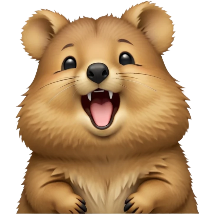 cinematic-realistic  yawning quokka-emoji,-small-round-frame, head tilted in an endearing manner, wouth wide open yawning, sleepy comical smile, round cheeks, giant-fluffy-cheeks-large-smile-fluffy-brown-fur-radiating-a-warm-softness,-big-round-eyes-filled-with-joy, realistic round  fluffy zoomed in, large black eyes one paw raised in the air emoji