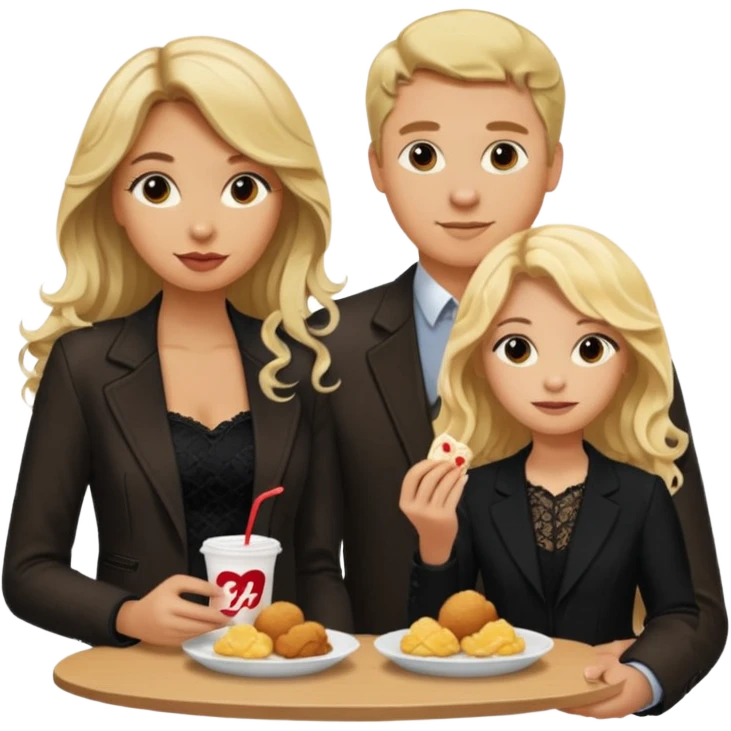 Love tan woman long wavy blonde hair and black lace  with  a man short blonde hair wearing Brown  jacket eating chick filet  emoji