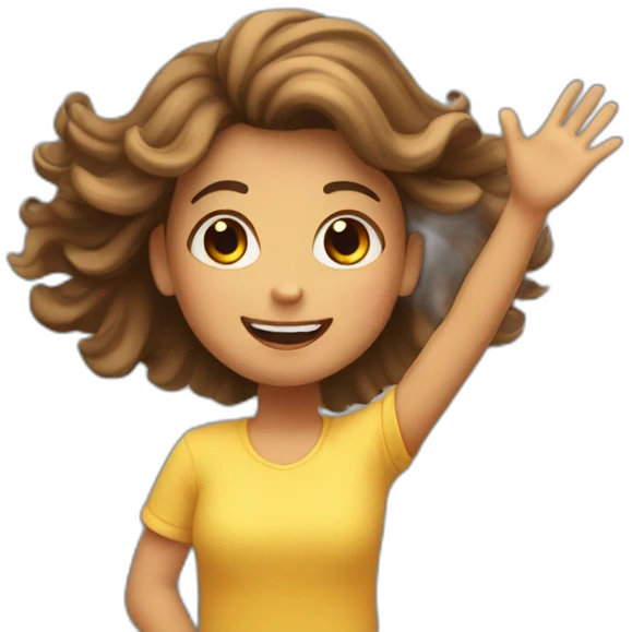 Girl with waving hair holding a star in hands while flying emoji