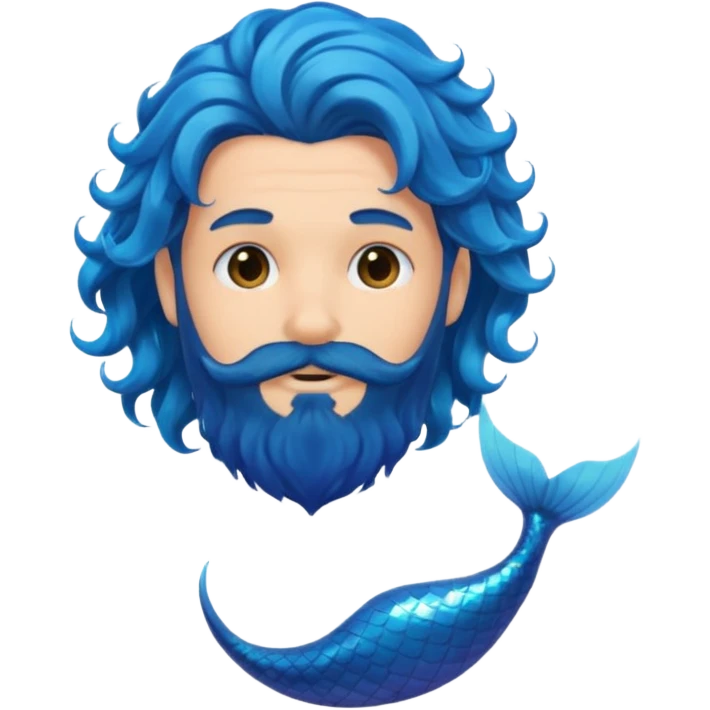 male with cascading, wavy blue mermaid hair and black beard, emoji style emoji