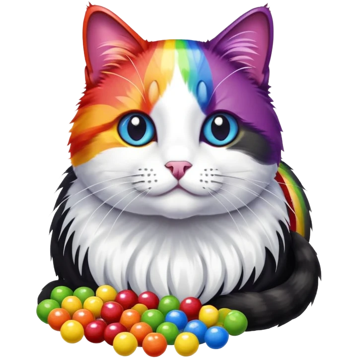 Black and white cat named skittles with skittles all over him emoji