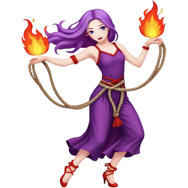 Full body rope on fire dance performer pale skin with long purple hair red dress emoji