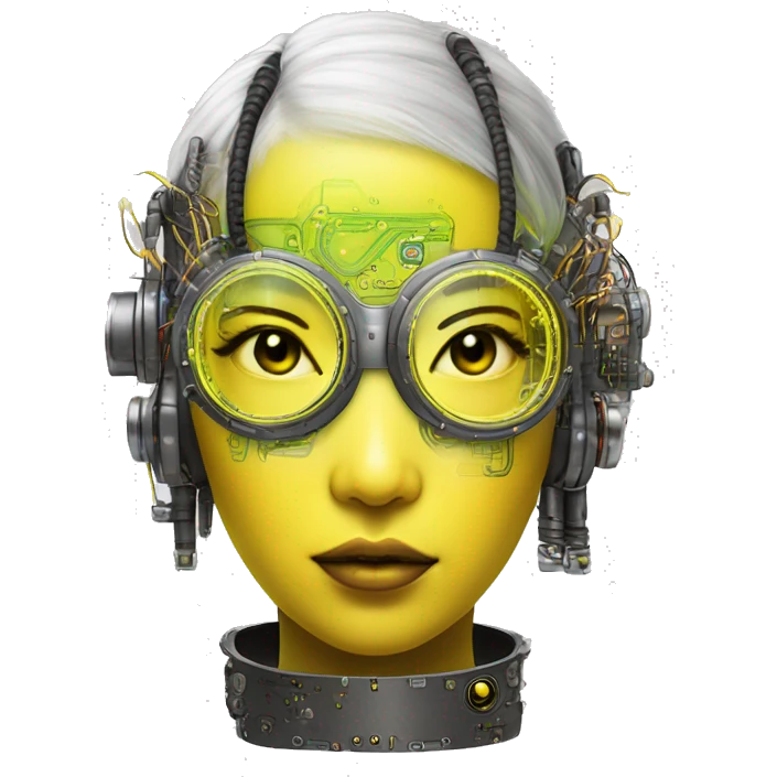 Neon yellow bobbed hair Asian female cyborg head with silver steampunk goggles and circuits emoji