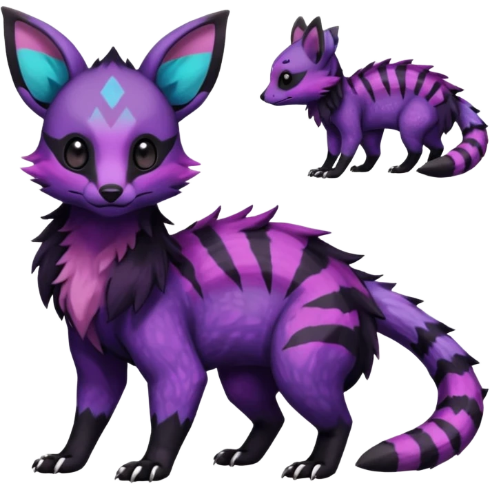 Rare exotic cute epic aesthetic gothic colorful Salandit-Eevee-Civet-species-Fakemon-hybrid-creature, with markings, full body emoji