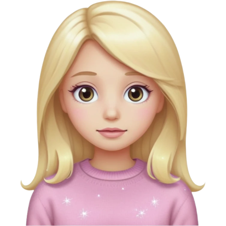 “Emoji girl, pastel pink blush, sparkly wide eyes,  oversized pastel sweater long blonde hair.” emoji