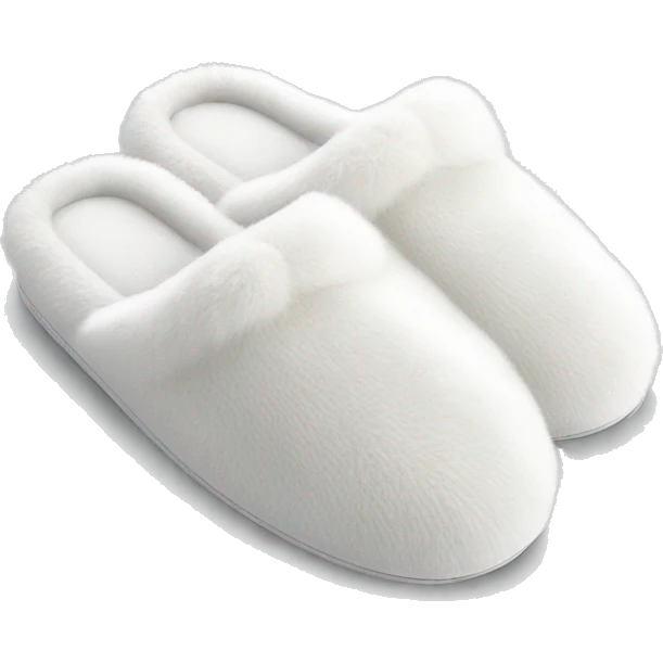 Luxury Fluffy white slip-on bath slippers that are used in hotels emoji