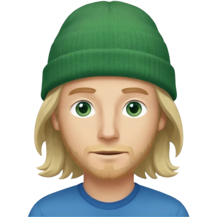 white man, mid thirties, blue eyes, mid length wavy hair, green beanie hat emoji