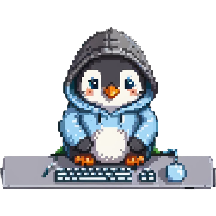 A cute penguin wearing a cozy hoodie typing on a computer keyboard emoji