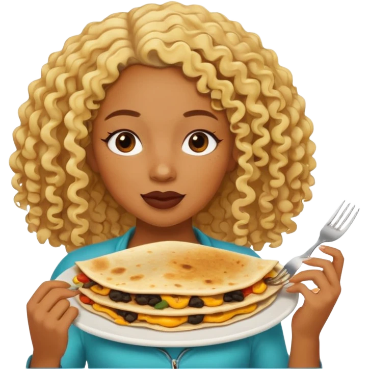 mujer con pelo rubio rizado comiendo quesadillas quemadas.negraa emoji