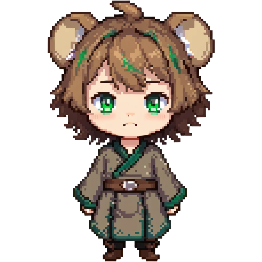 Young Rudeus Greyrat chibi, big green eyes, round face, messy light brown hair, wearing a tunic, cute and curious anime style emoji