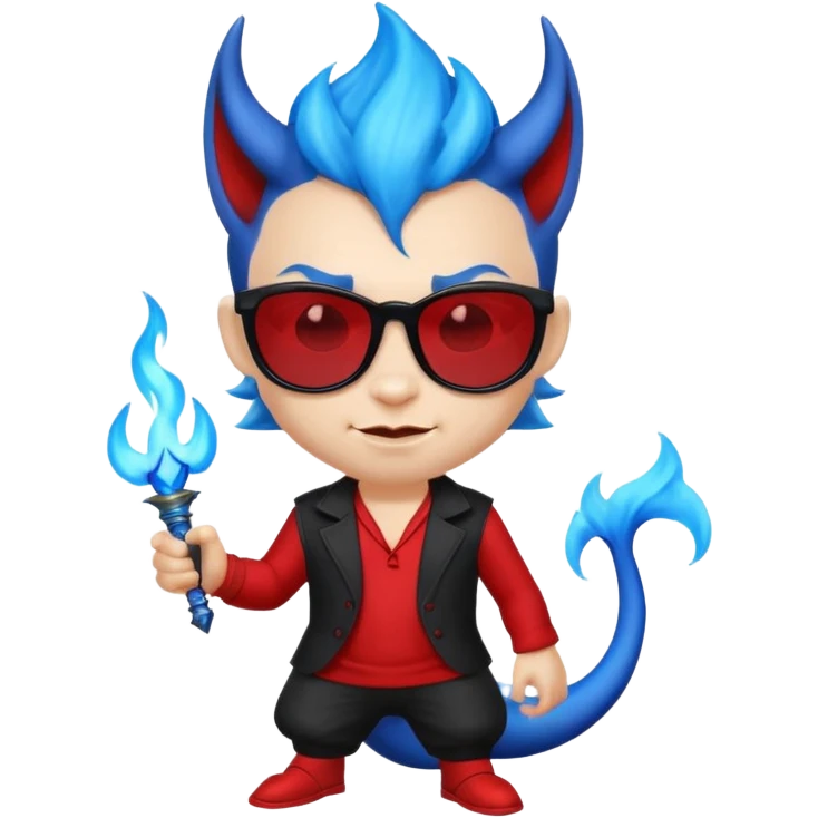 Cool devil with blue flame tail and shades, cute face, half body emoji