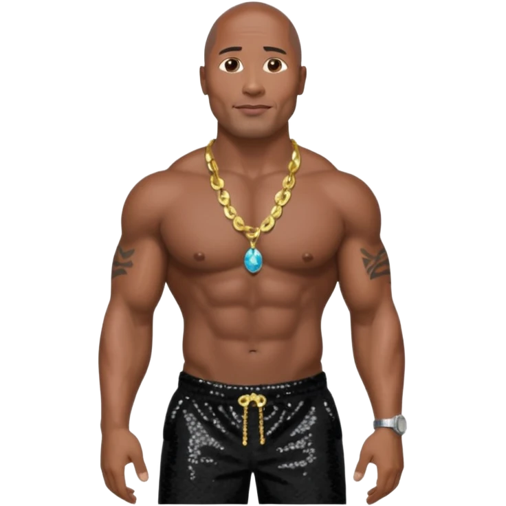 Dwayne Johnson with black sequin baggy pants, shirtless with necklace, dark brown hair emoji