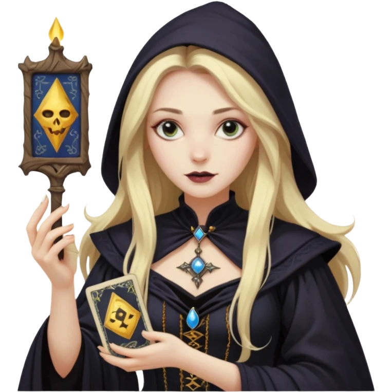 dark witch girl with long blonde hair and Tarot cards emoji