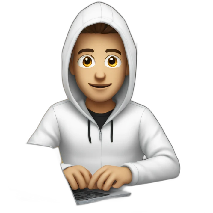 Young white developer with a black hood behind his laptop on a desktop emoji