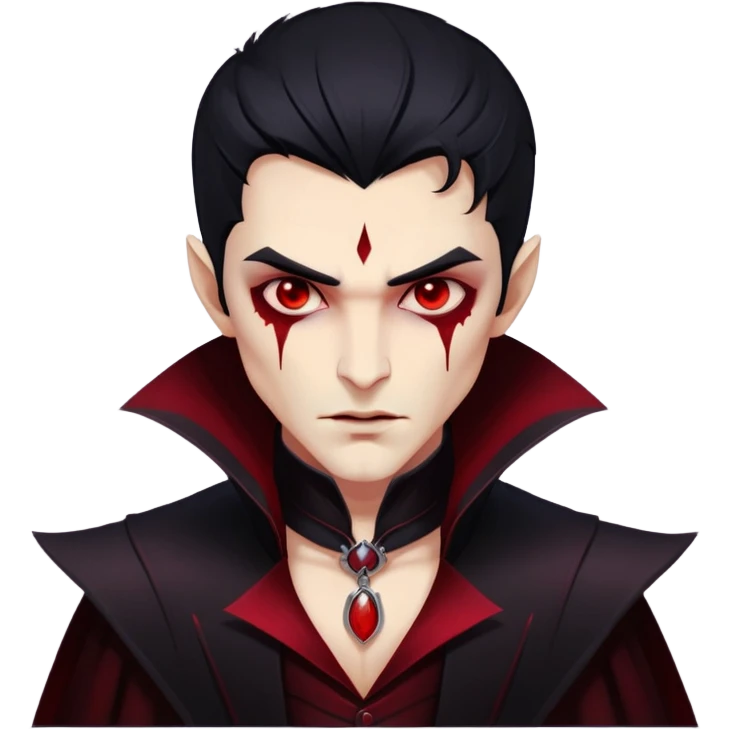 Handsome male vampire with beige skin, crimson eyes, and black hair. Wears a dark, regal outfit with blood-red accents. Controls blood and shadows, with a misty red aura and a flickering, monstrous shadow.  emoji